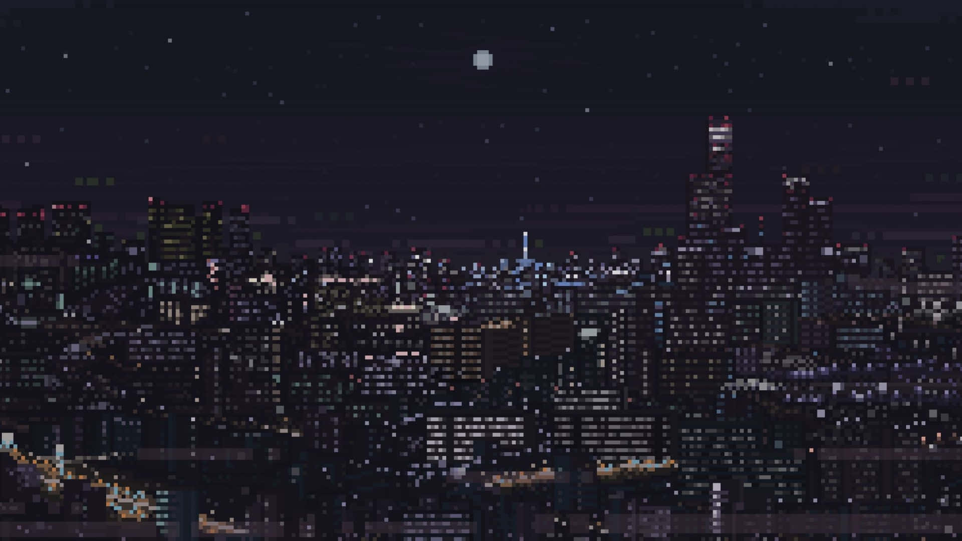 像素化城市景觀夜景，帶有發光的窗戶和天空中明亮的月亮。 — Pastel 壁紙
