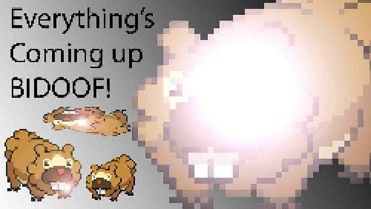 比多獸角色的像素藝術，帶有發光效果和粗體文字「Everything's Coming up BIDOOF!」 — Meme 壁紙