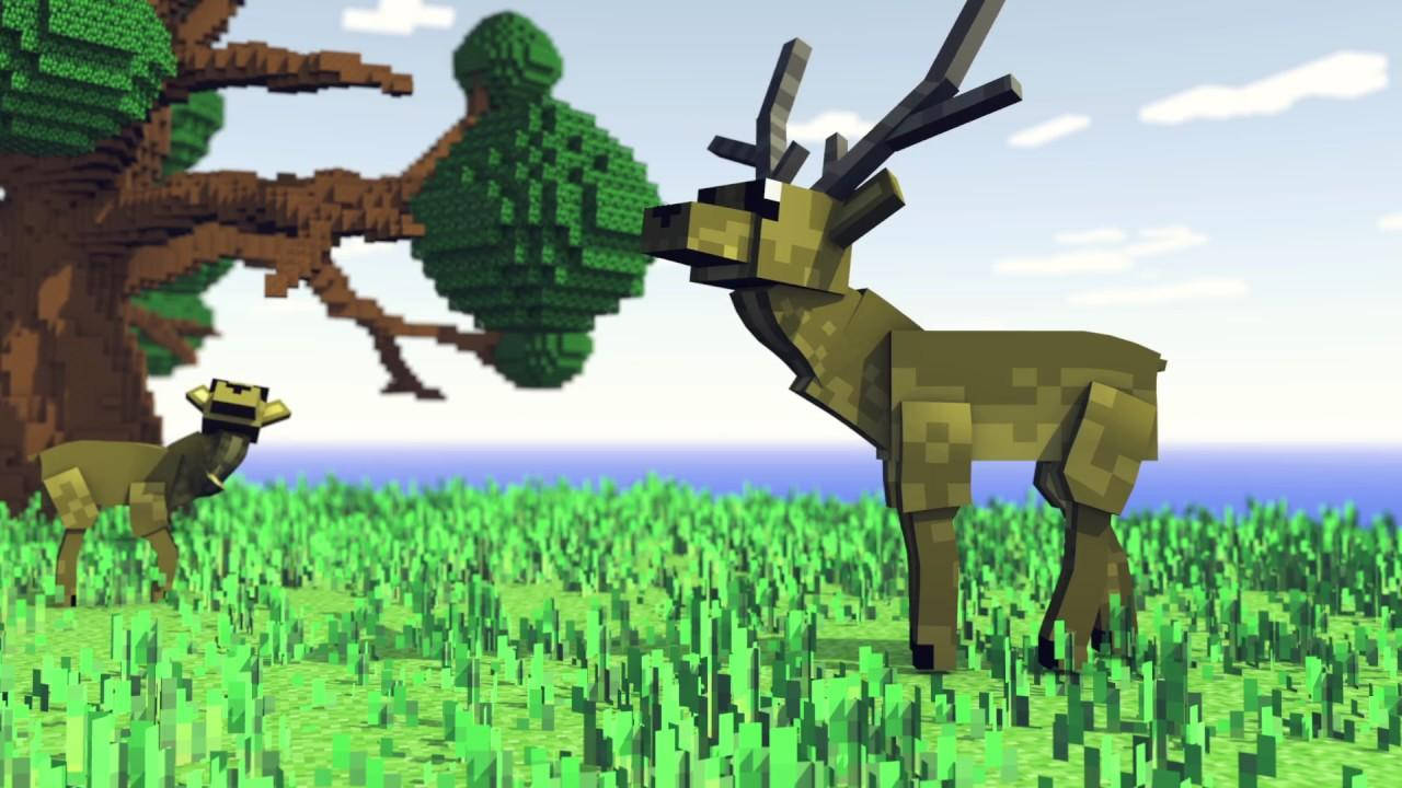 兩隻像素化的鹿在塊狀草地上，有一棵風格化的樹。 — 1280x720 Minecraft 壁紙 壁紙