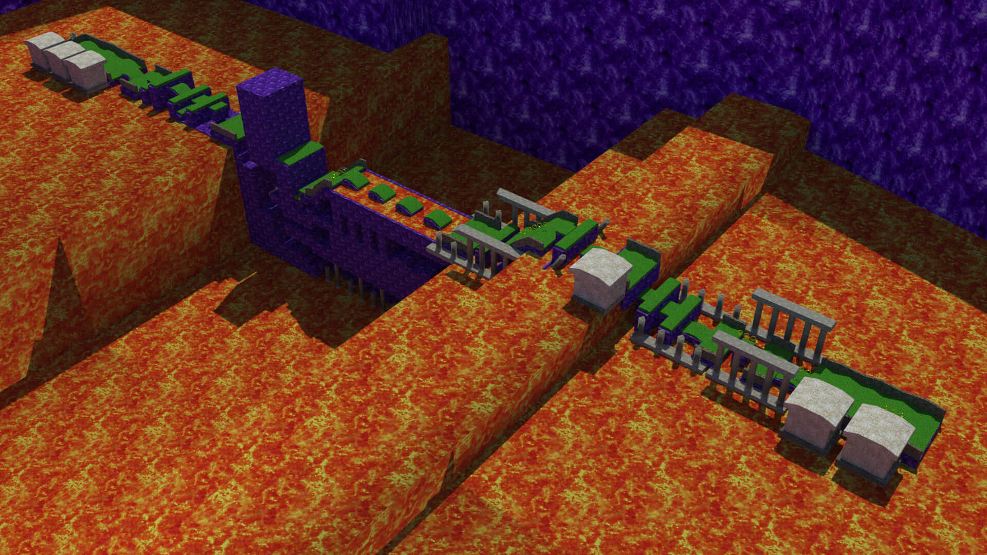  壁紙 — 像素化的Minecraft火車穿越熾熱橙色熔岩景觀，搭配紫色天空和綠色軌道。