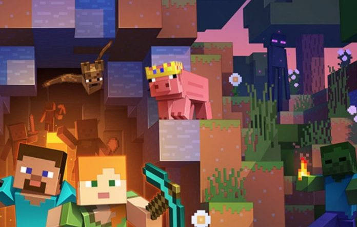 Minecraft角色Steve和Alex與豬和殭屍在方塊世界中。 — 1280x720 Minecraft 壁紙 壁紙