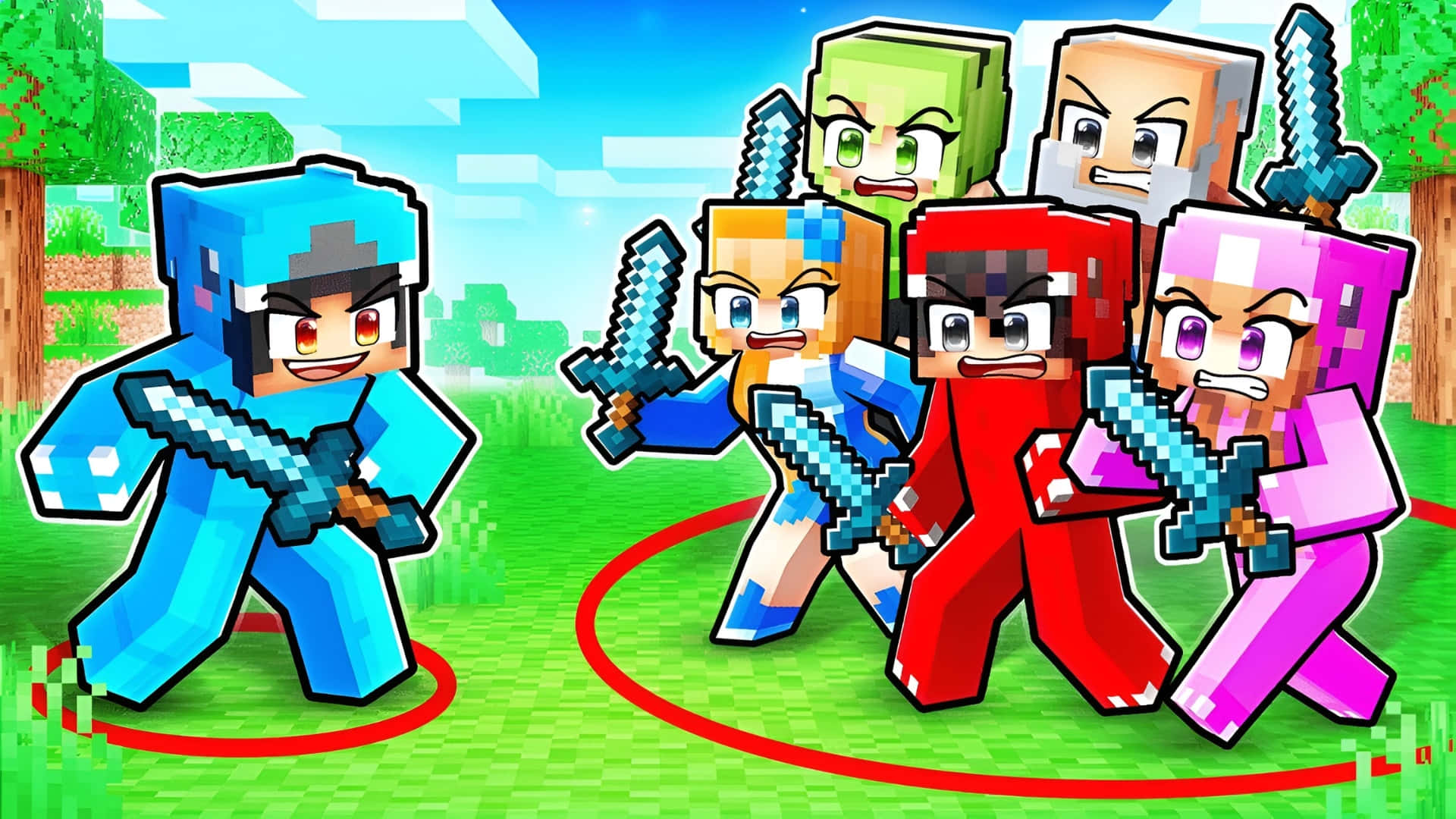  壁紙 — 像素化的Minecraft角色身穿色彩繽紛的盔甲，在明亮的藍天下於草地上用劍戰鬥。
