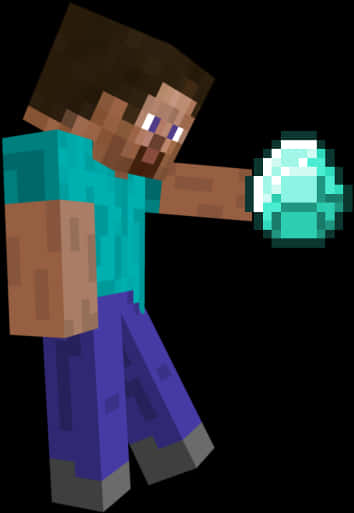 Minecraft角色Steve以像素風格拿著發光的鑽石。 — 我的世界 鑽石 壁紙