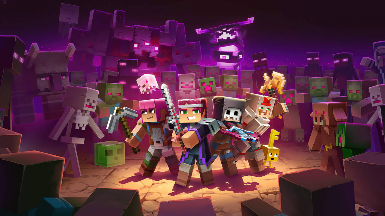 Minecraft英雄在黑暗的地牢中與發光紫色燈光的殭屍戰鬥。 — 1280x720 Minecraft 壁紙 壁紙