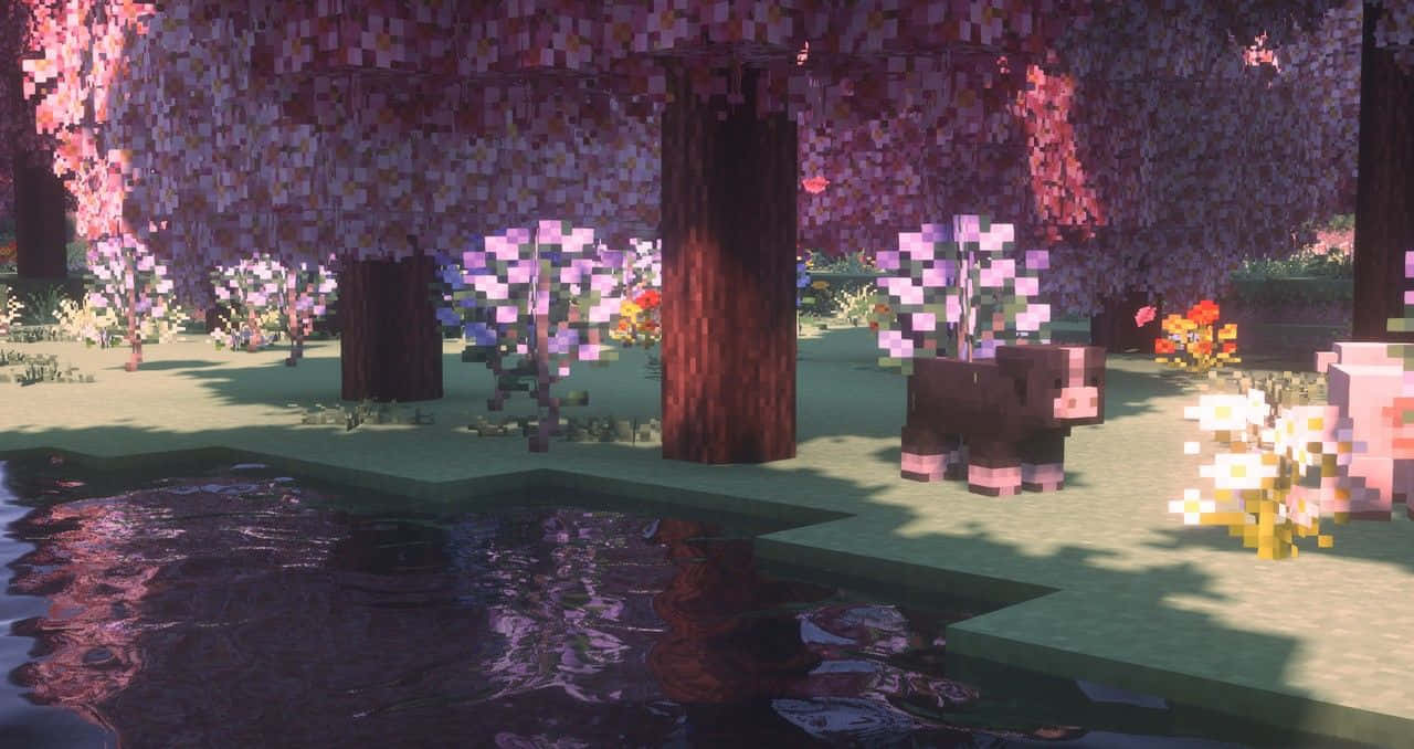 Minecraft 池塘附近櫻花下的像素化牛。 — 我的世界 壁紙