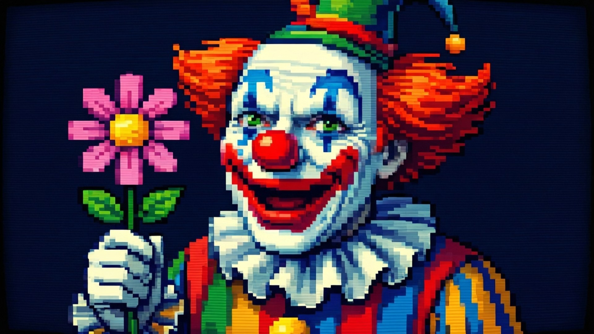 Pixel Art Clown 壁紙 — 一個像素化的小丑，紅髮紅鼻，在深藍色背景上拿著一朵粉紅色的花。