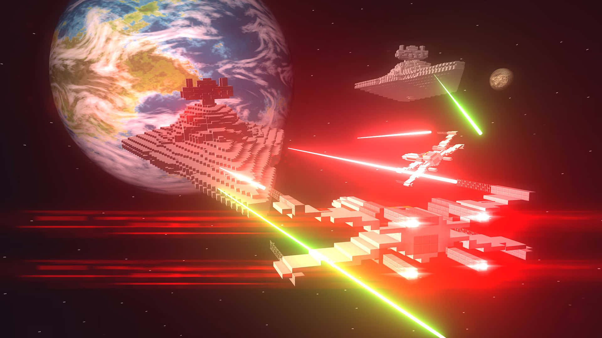 壁紙 — 像素化的星艦在方塊狀地球附近進行戲劇性的太空戰鬥，發射雷射。