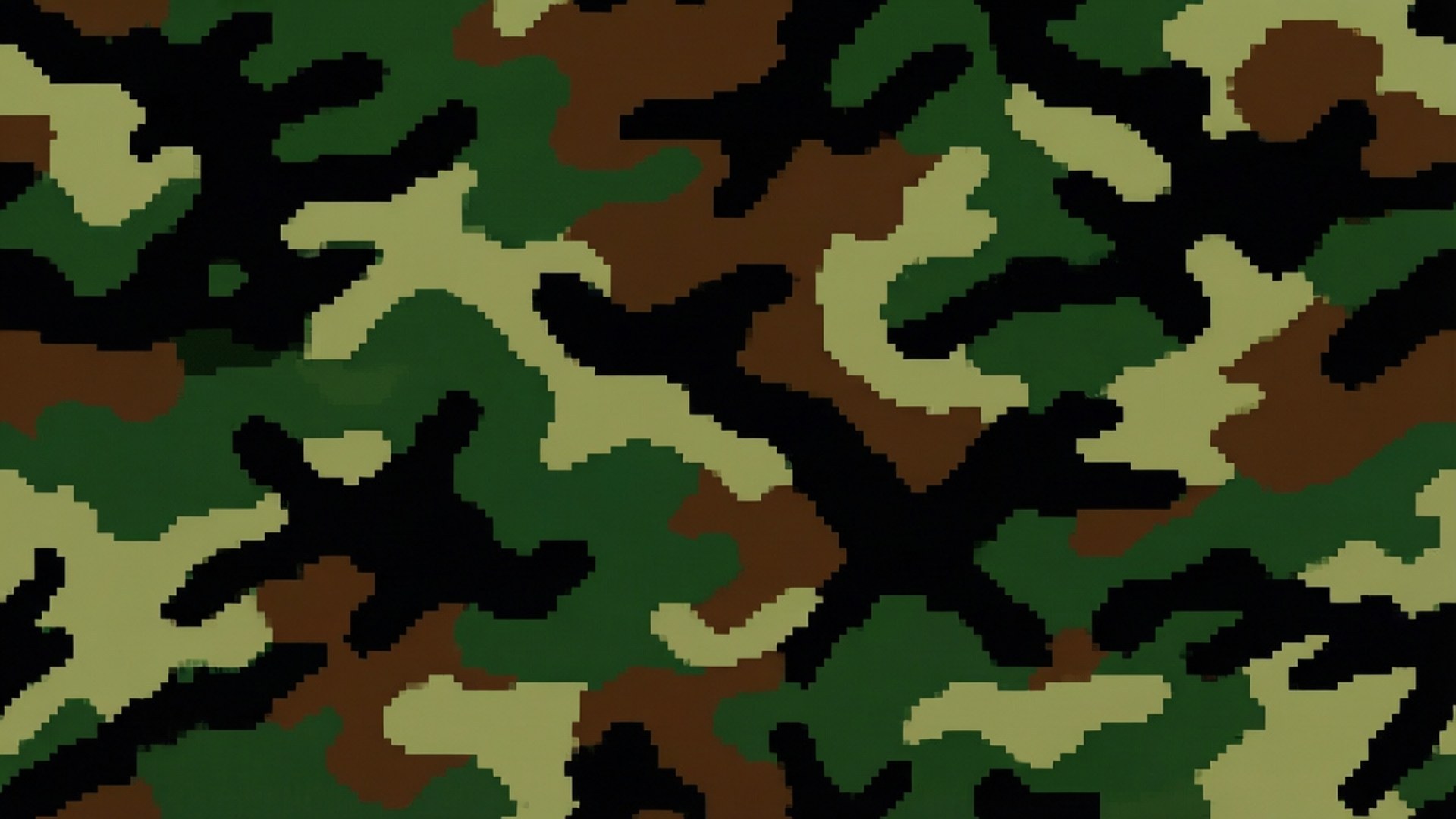 Digital Camo 壁紙 — 像素化迷彩圖案，帶有綠色、棕色和黑色斑點，用於軍事隱蔽。