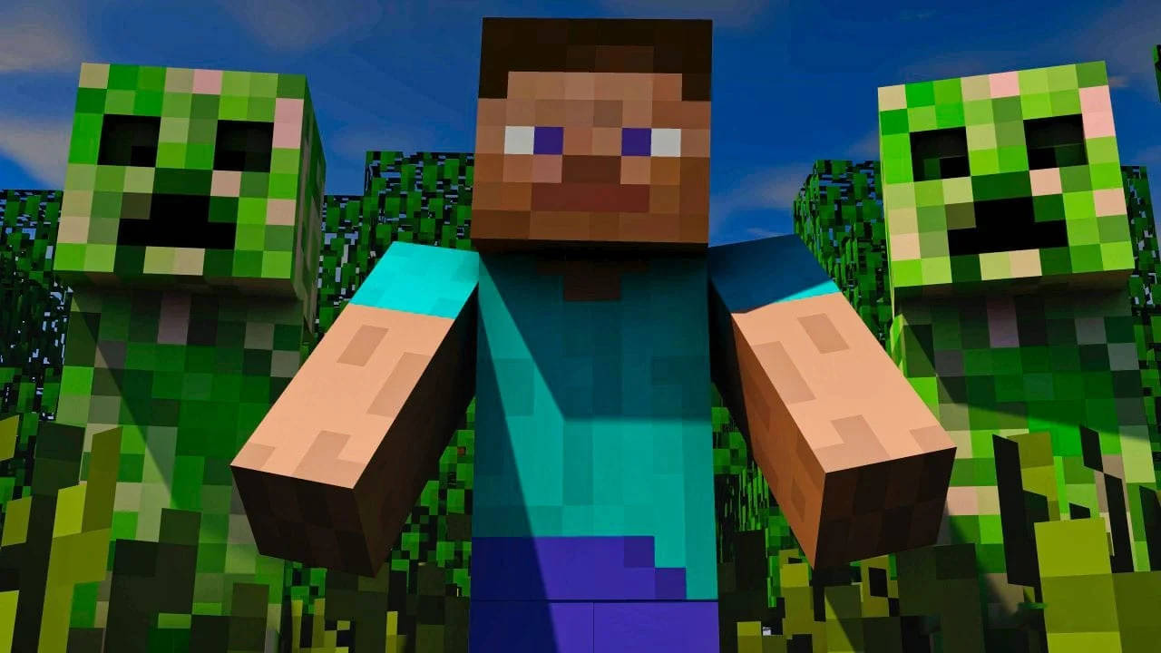 Minecraft玩家在方塊森林場景中被兩隻綠色苦力怕包圍。 — 1280x720 Minecraft 壁紙 壁紙