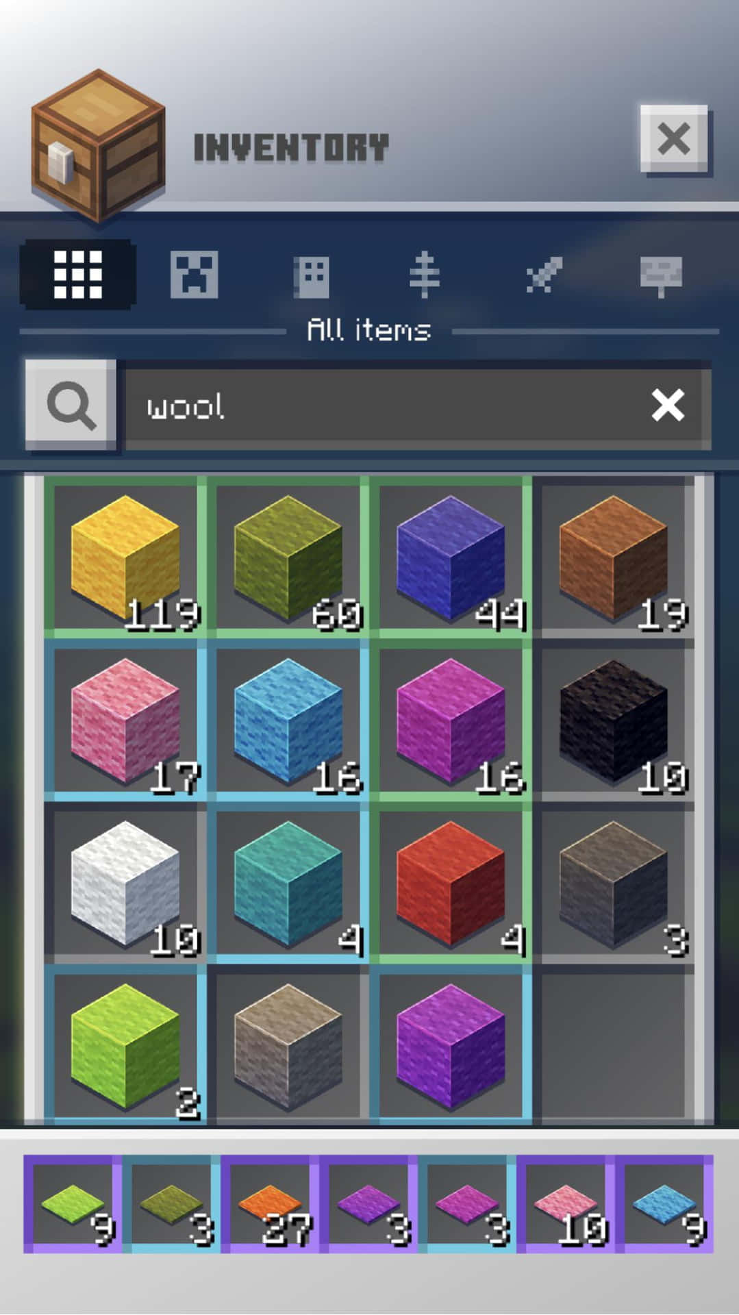 Minecraft物品欄顯示各種顏色的羊毛方塊及堆疊數量。 — 我的世界 鑽石 壁紙