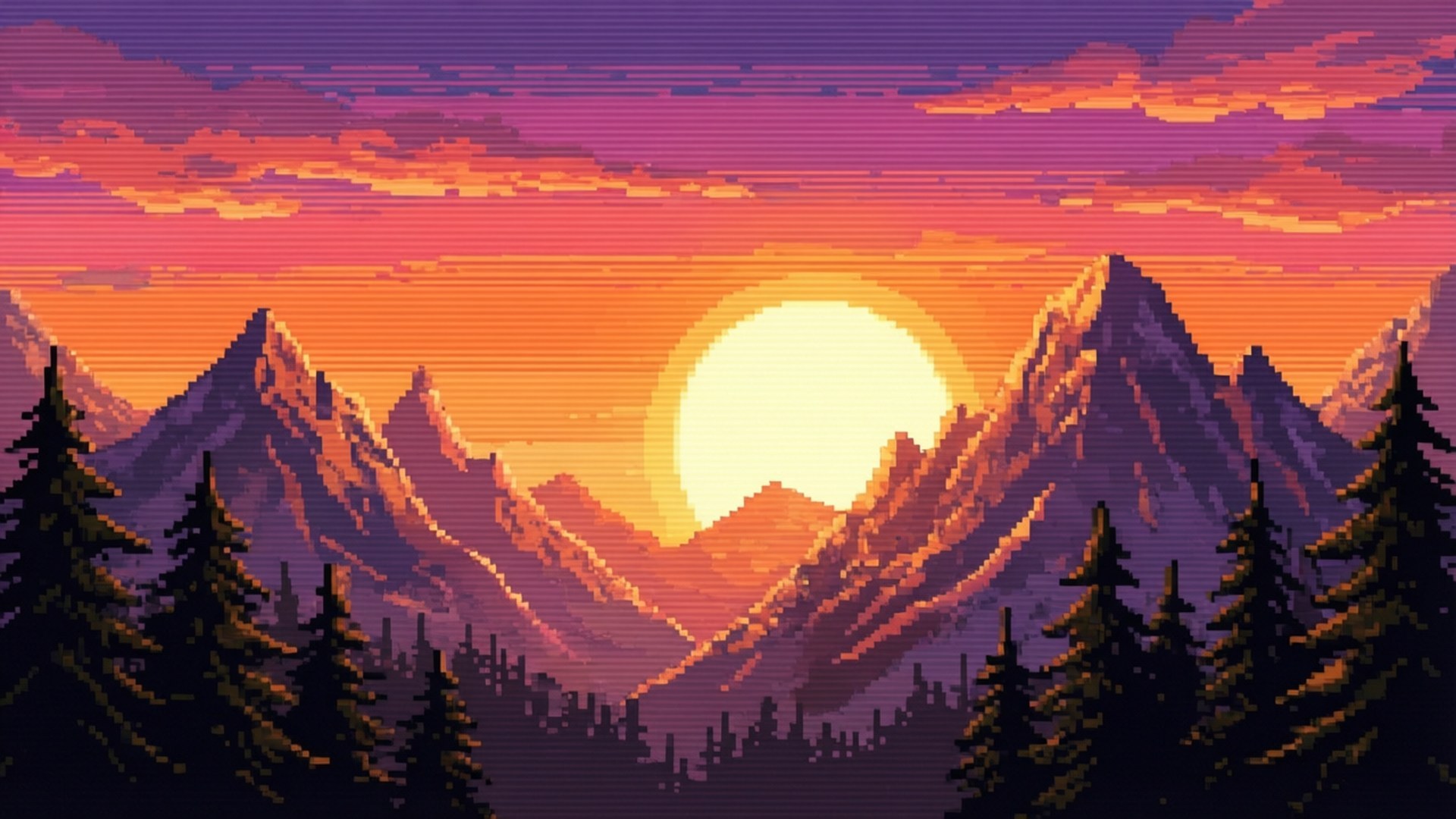 Pixel Sunset Mountains 壁紙 — 一個像素化的日落，在紫色、橙色和粉紅色的漸變天空下，鋸齒狀的山脈和深色松樹後面有一顆明亮的黃色太陽。