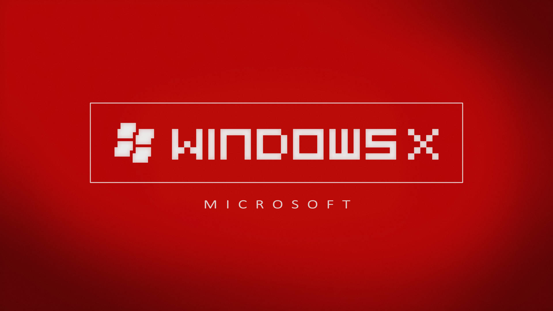 像素化Windows X標誌在紅色背景上，帶有Microsoft文字 — Windows 11 壁紙