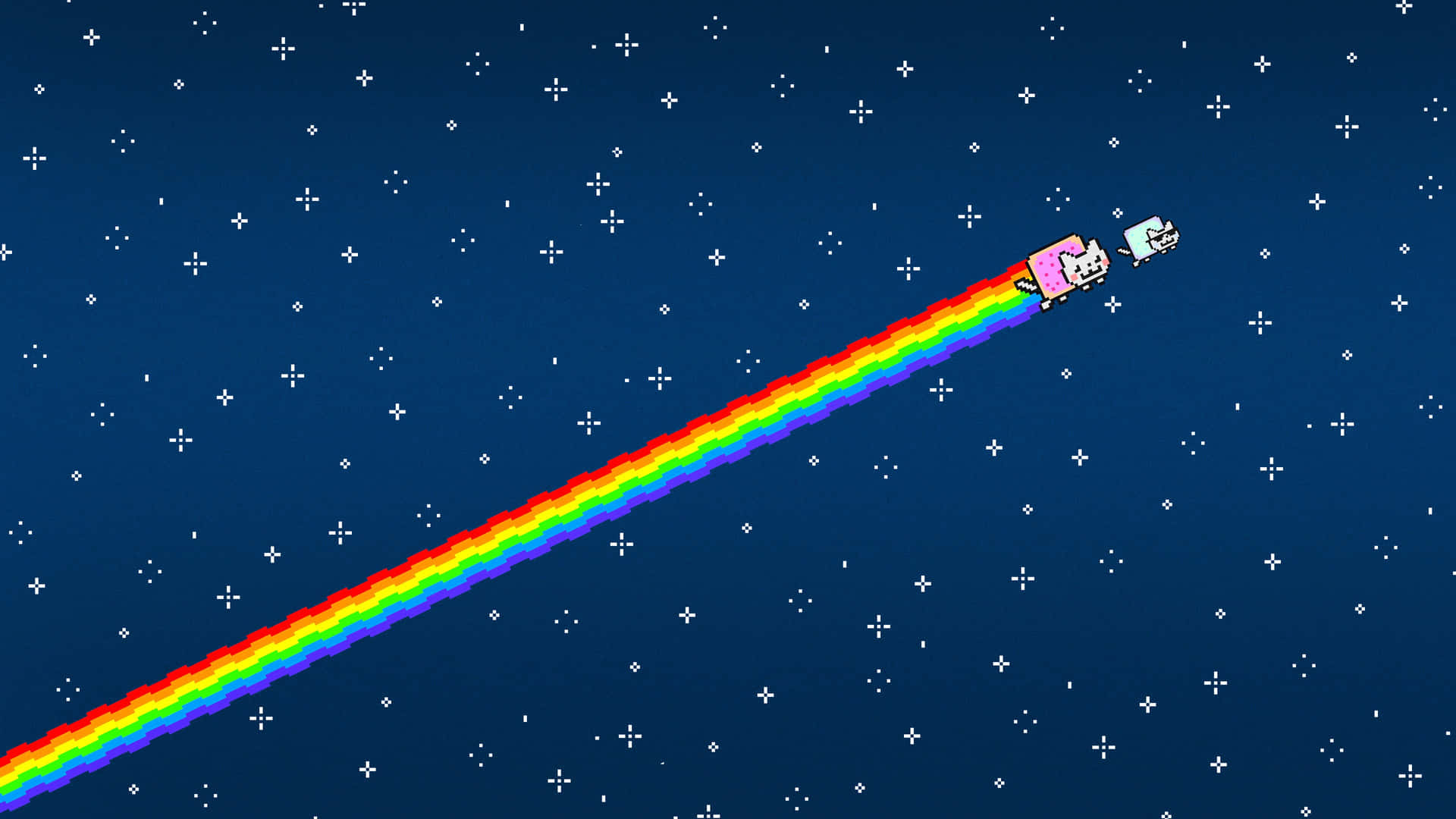 像素貓在繁星夜空中飛翔，留下彩虹軌跡 — Meme 壁紙