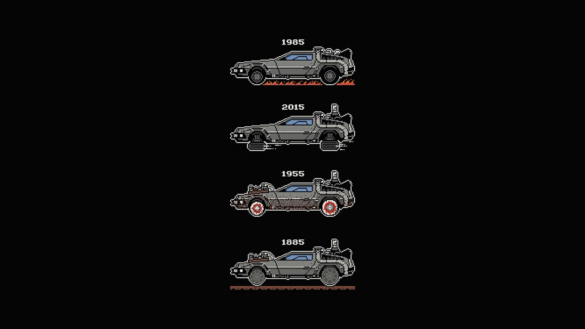  壁紙 — 像素藝術 DeLorean 時間機器以四行垂直排列顯示，年份為 1985、2015、1955 和 1885，背景為黑色。