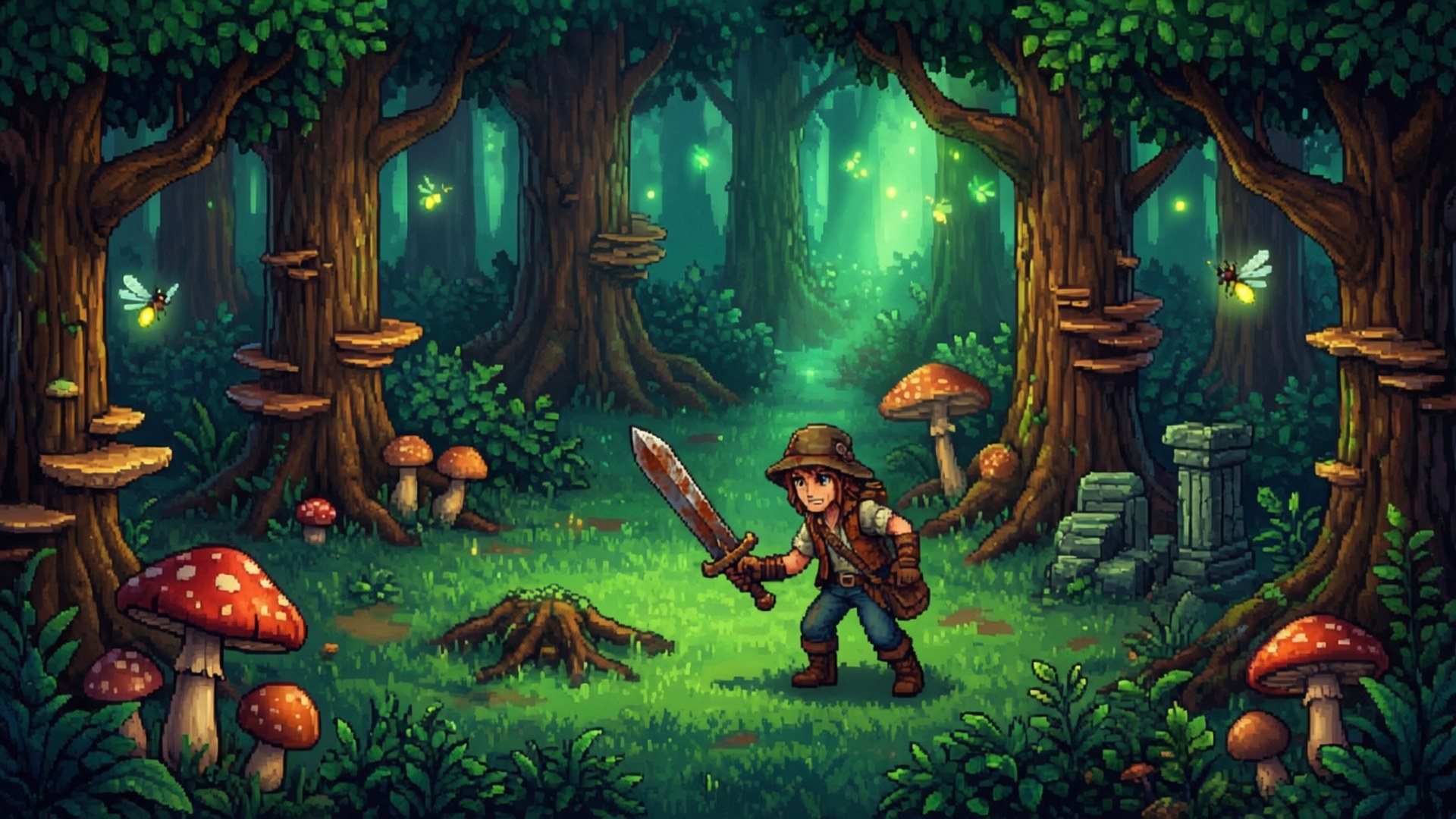 Secrets of the Woods 壁紙 — 一位像素藝術冒險家在螢火蟲和巨型蘑菇閃耀的神秘森林中揮舞著劍。