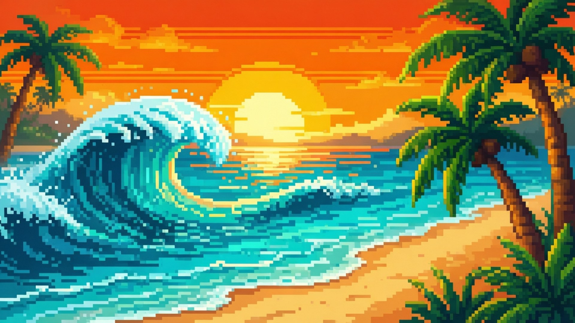 Pixel Beach Sunset 壁紙 — 充滿活力的像素藝術熱帶海灘日落，綠松石色的海浪和棕櫚樹在橙色天空下形成剪影。