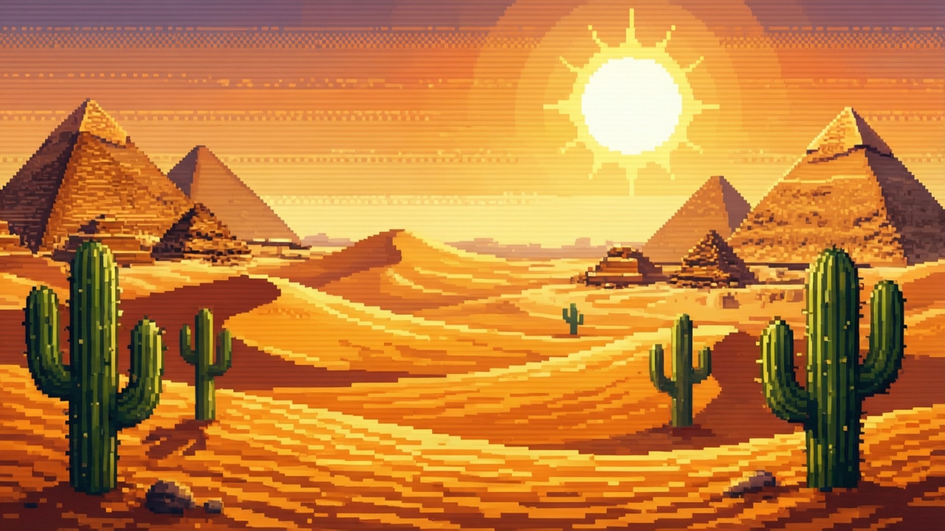 Pixel Desert Dunes 壁紙 — 像素藝術沙漠場景，有金字塔、仙人掌和一輪明亮的太陽在沙丘上投射溫暖的橙色光芒。