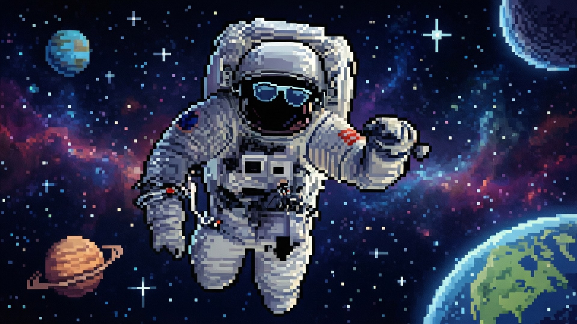 桌布 壁紙 — 像素藝術太空人在太空漂浮，地球、土星和星星在充滿活力的宇宙背景中閃耀。