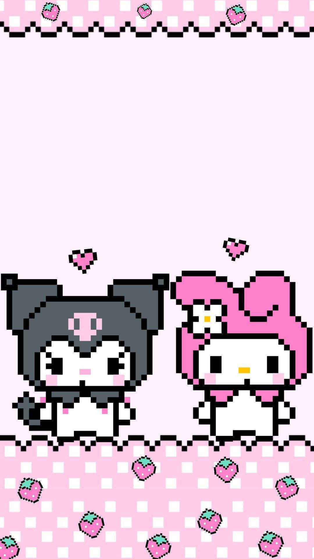 Kuromi 和 My Melody 的像素藝術，帶粉紅色草莓邊框。 — 我的旋律 壁紙