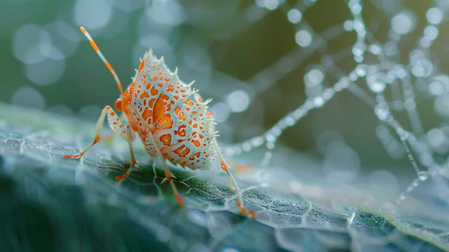  壁紙 — 一隻鮮豔的橙色和白色多刺昆蟲棲息在沾滿露水的葉子上，背景有模糊的蜘蛛網。