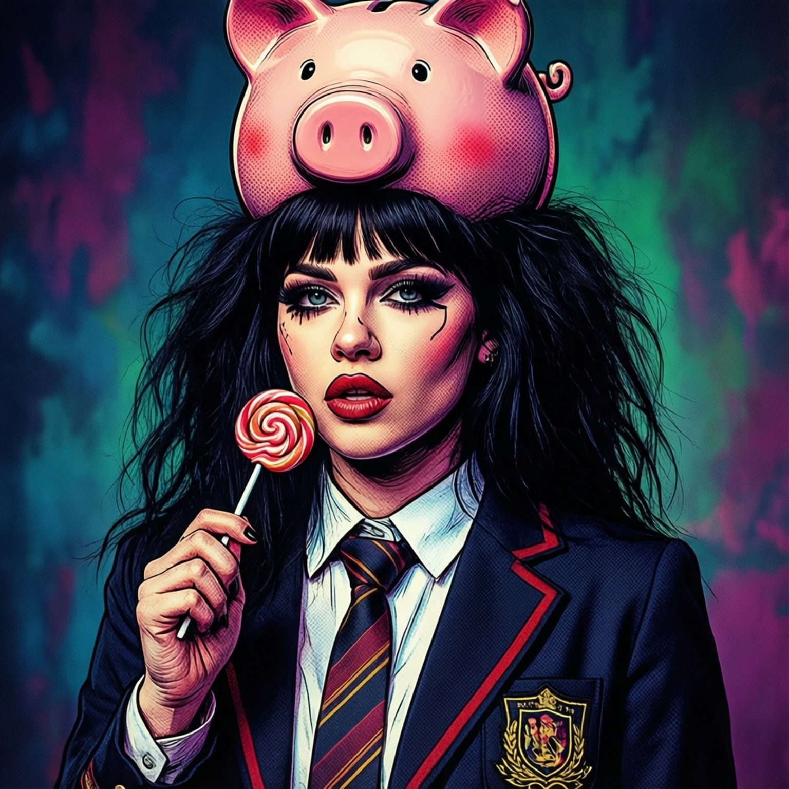 Piggy Bank Girl 壁紙 — 一個穿著校服的女孩頭上戴著一個小豬撲滿，在霓虹抽象背景前拿著一個漩渦棒棒糖。