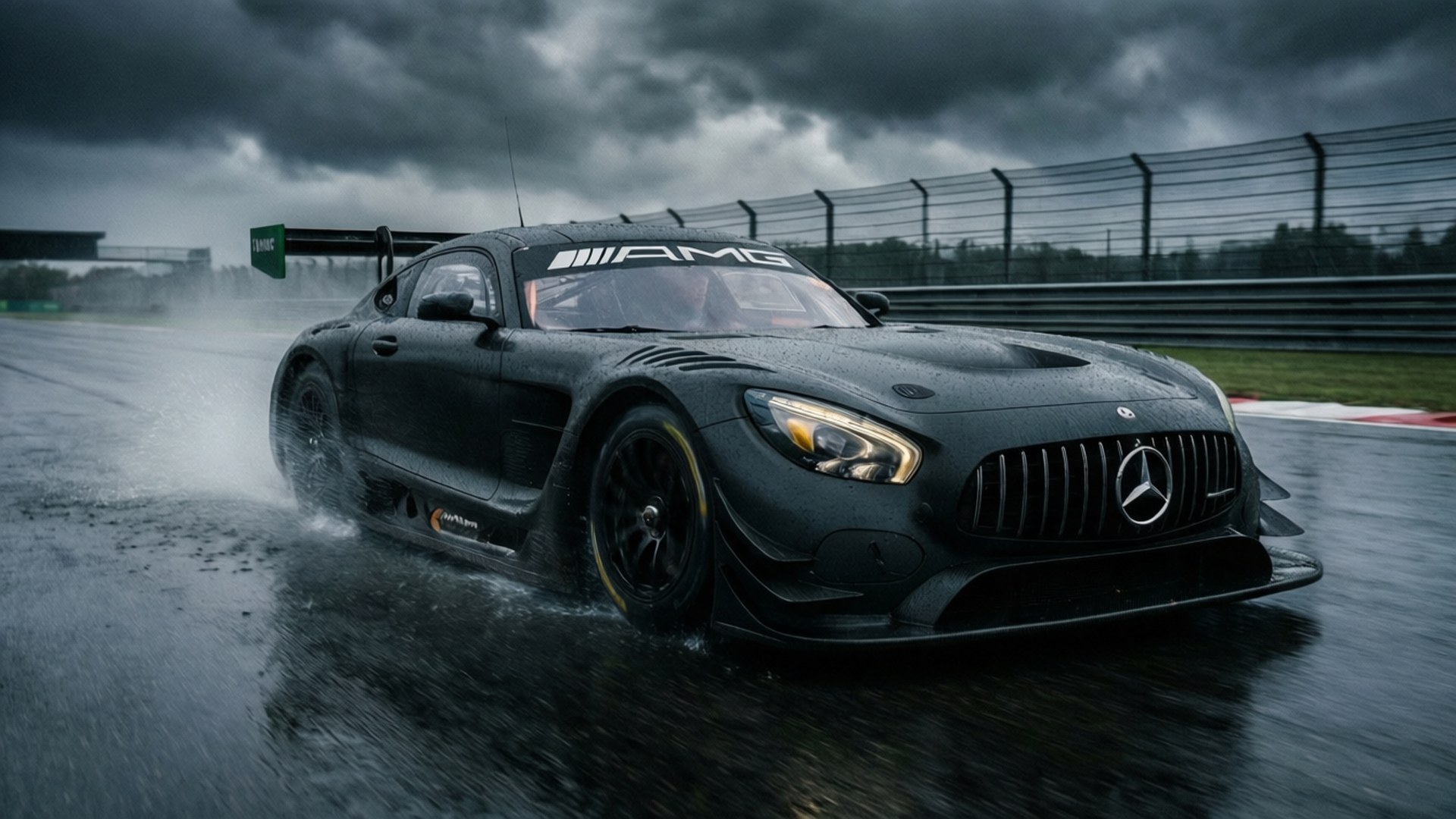Storm Chaser 壁紙 — 一輛消光黑色賓士AMG GT3賽車在烏雲密布的暴雨賽道上濺起水花。