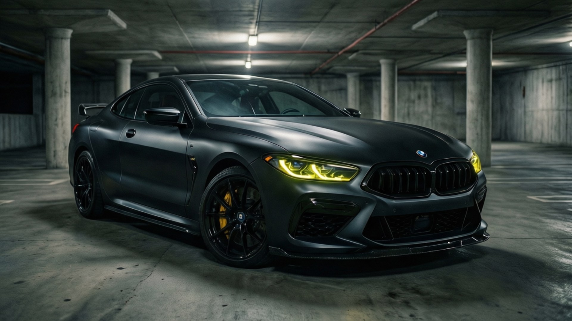Matte Black BMW M8 壁紙 — 一輛消光黑色BMW M8 Coupe，帶有發光的黃色頭燈，停在光線昏暗的混凝土地下停車場。