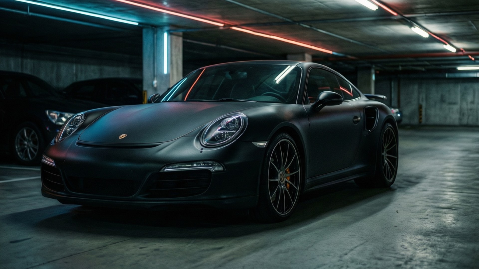 Shadow Porsche 壁紙 — 一輛消光黑色的保時捷911 Turbo停放在燈光昏暗的地下停車場，霓虹燈在其光滑表面投射出色彩繽紛的倒影。