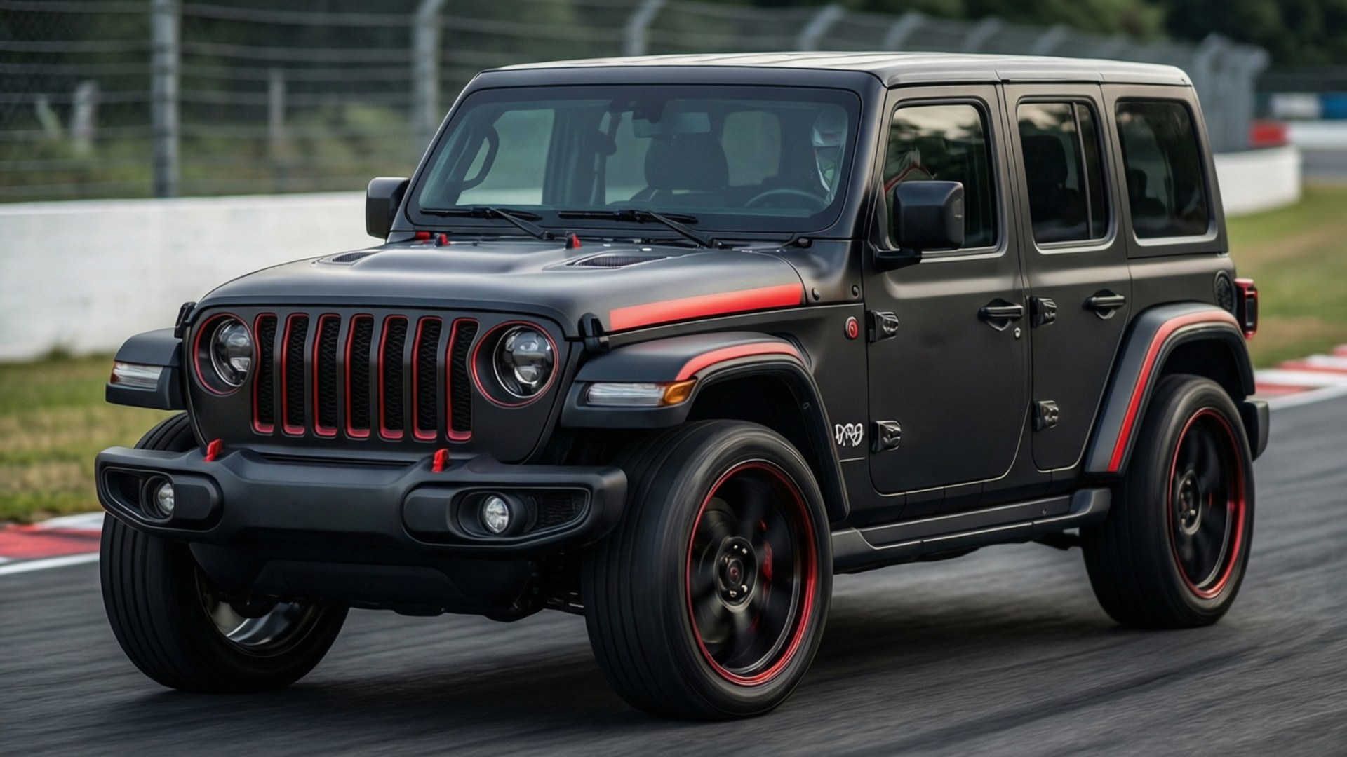 Matte Black with Red Accents 壁紙 — 一輛消光黑色Jeep Wrangler帶有鮮明的紅色點綴，在賽車場的瀝青路面上奔馳。