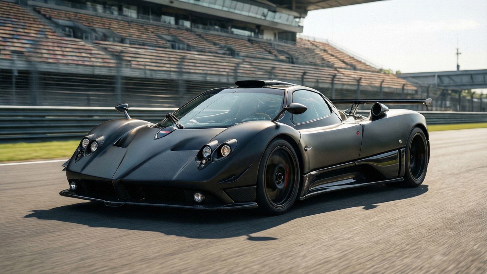 Zonda R Race Track 壁紙 — 一輛消光黑色的帕加尼Zonda跑車在賽道上疾馳，背景是看台。