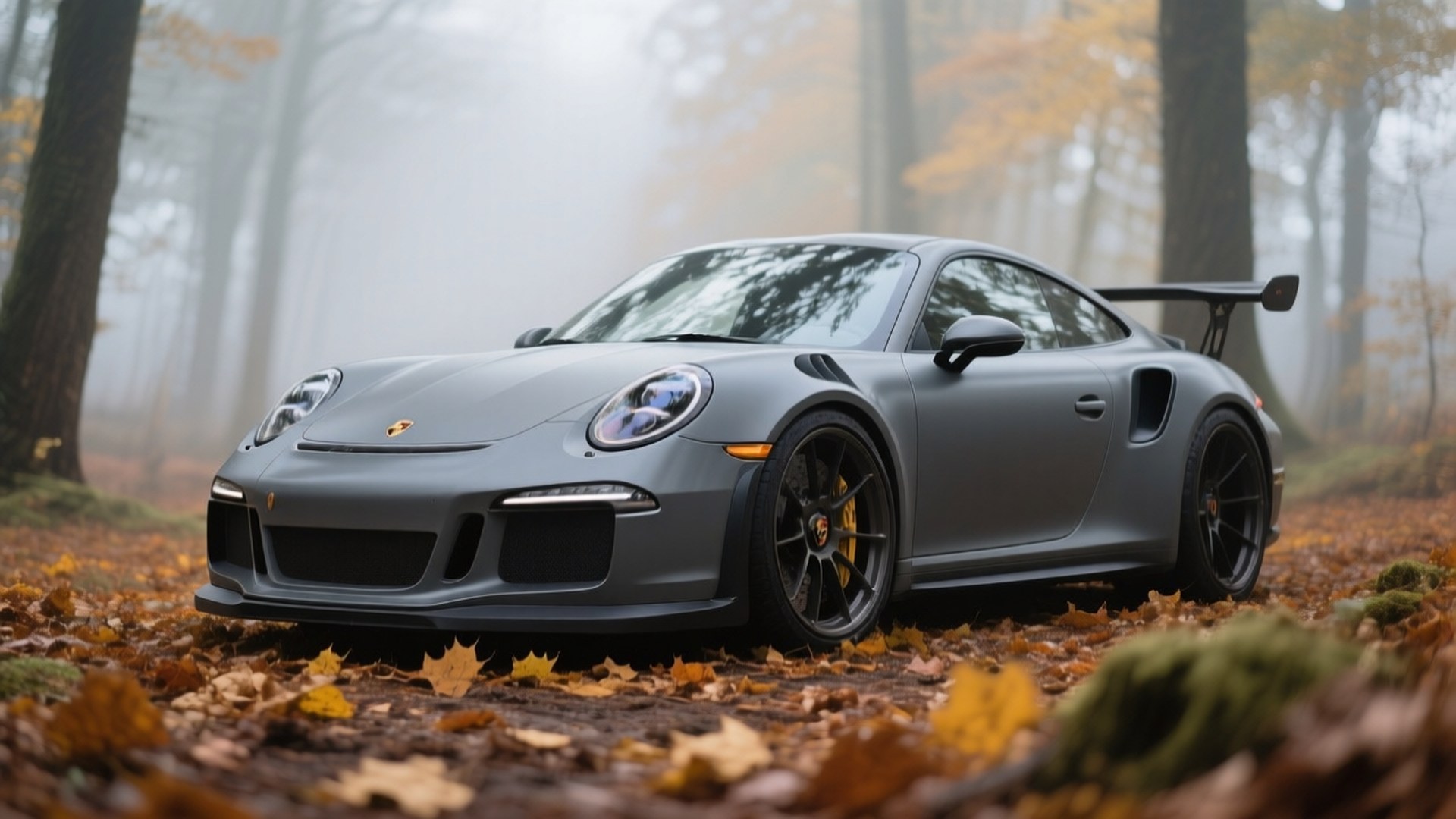 Forest Precision 壁紙 — 一輛消光灰色的保時捷911 GT2 RS，配備黑色輪圈和黃色煞車卡鉗，停在霧氣籠罩的樹木下，森林地面覆蓋著秋天的落葉。