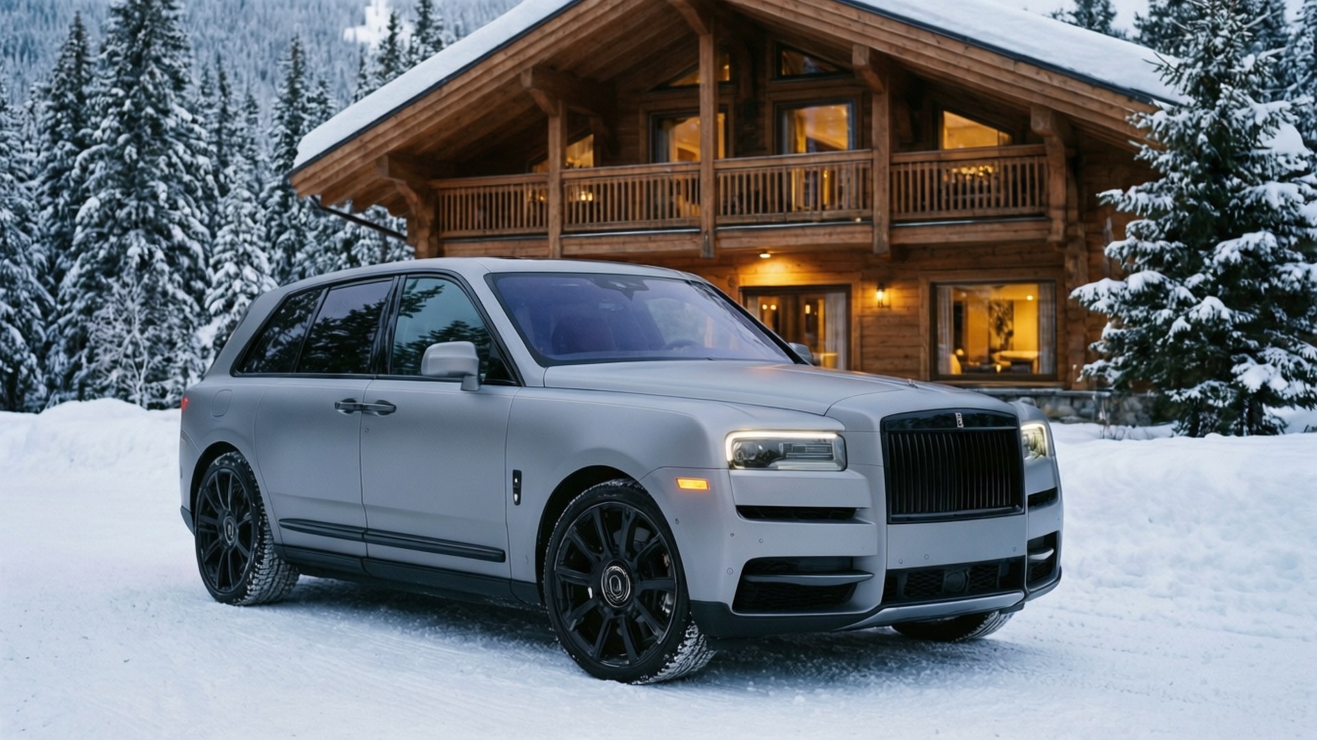 Cullinan Chalet 壁紙 — 一輛消光銀色勞斯萊斯 Cullinan SUV 停在新雪中，前方是一座溫暖亮燈的木屋，周圍是白雪覆蓋的松樹。