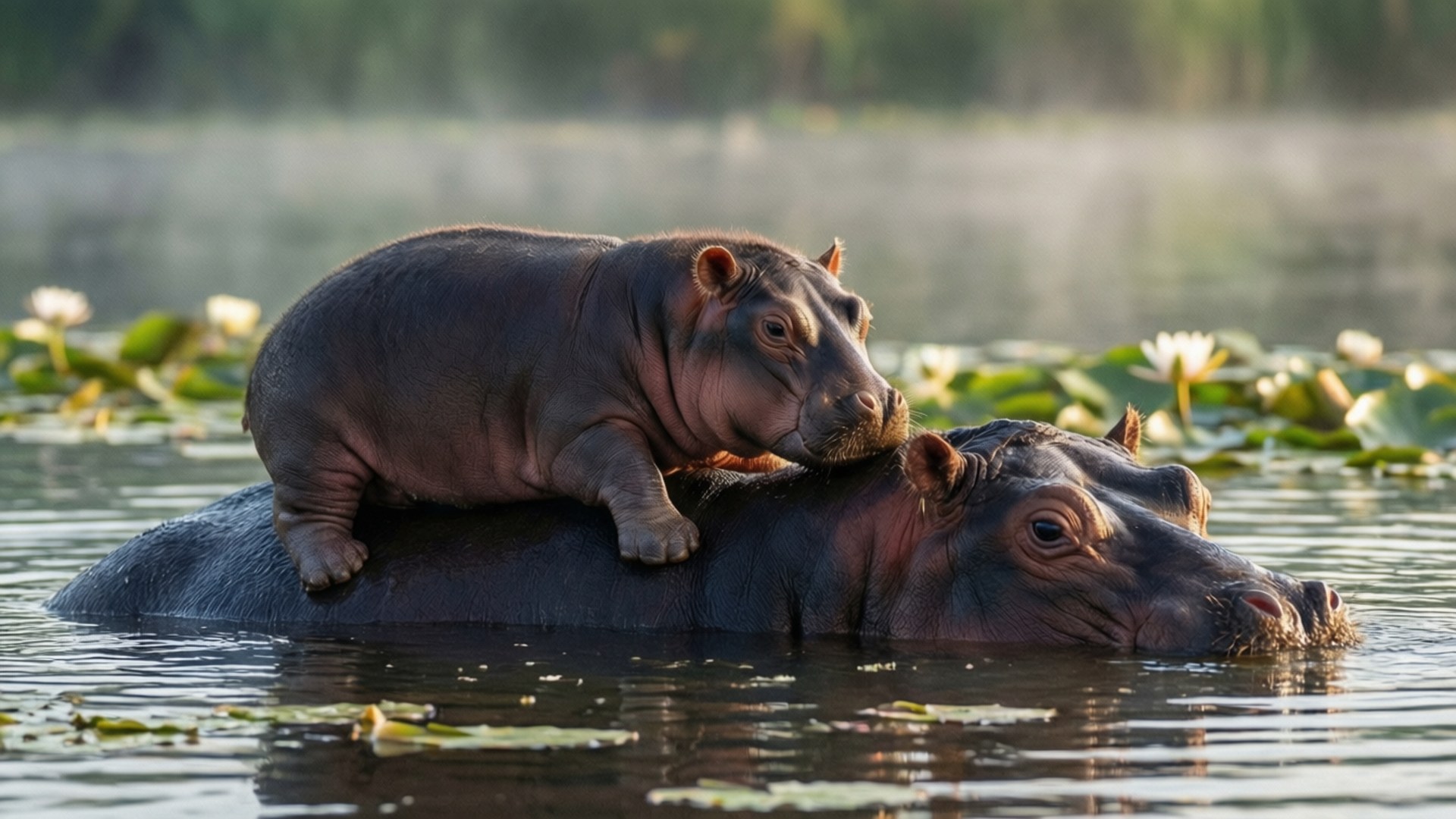 Mother and Calf Rest 壁紙 — 小河馬在母親背上休息，周圍是平靜的水面，佈滿睡蓮和白色花朵。