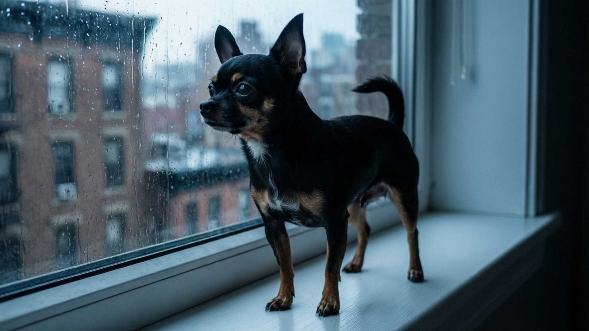 Rainy Day Chihuahua 壁紙 — 一隻小黑褐色吉娃娃警覺地站在窗台上，凝視著雨滴劃過城市景觀。
