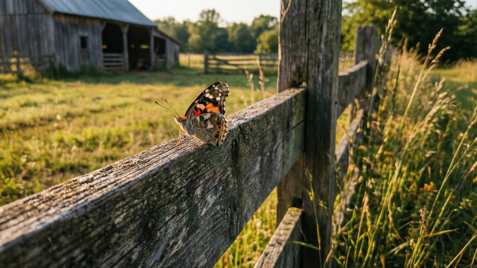 Rustic Perch 壁紙 — 一隻小紅蛺蝶停歇在風化的木籬笆柱上，背景是陽光明媚的草地和一座質樸的穀倉。