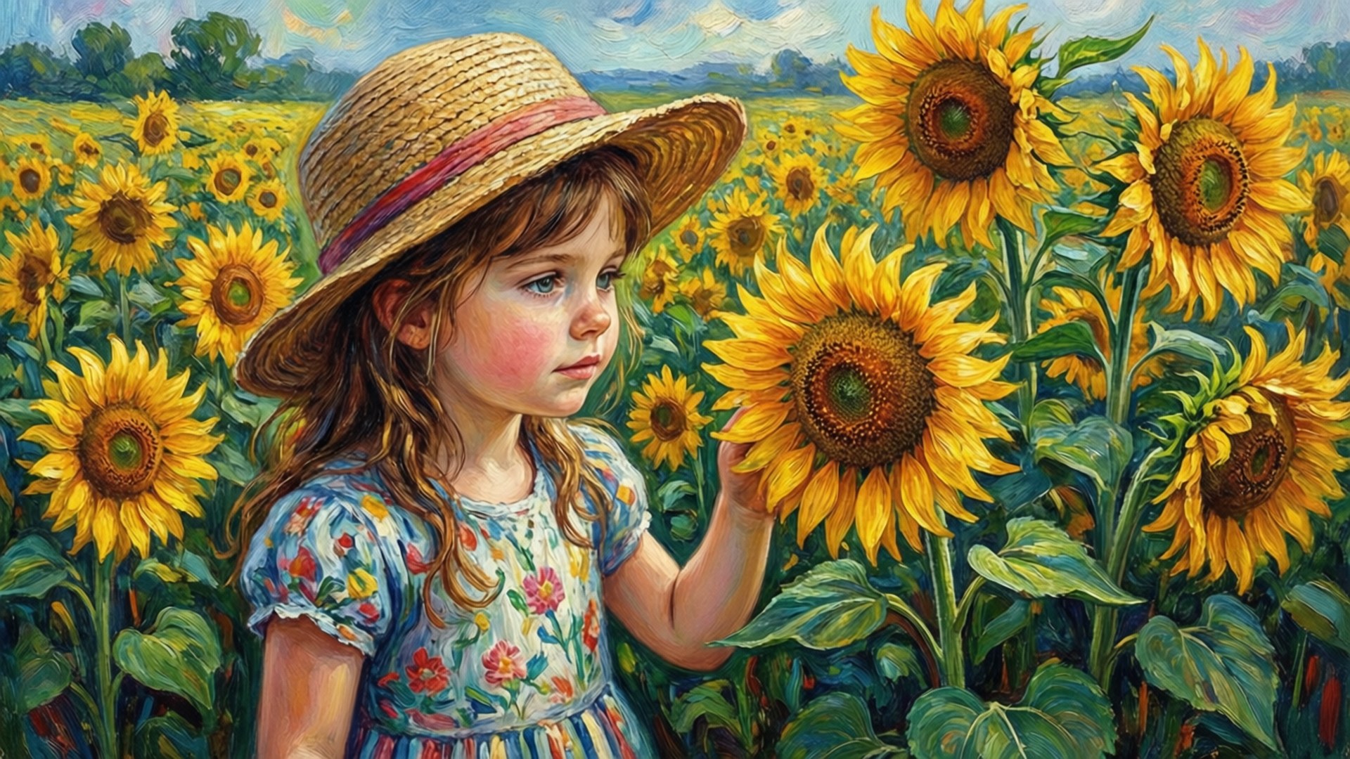Girl Among Sunflowers 壁紙 — 一個戴草帽的小女孩在柔和的藍天下，輕輕觸摸金色田野中的巨型向日葵。