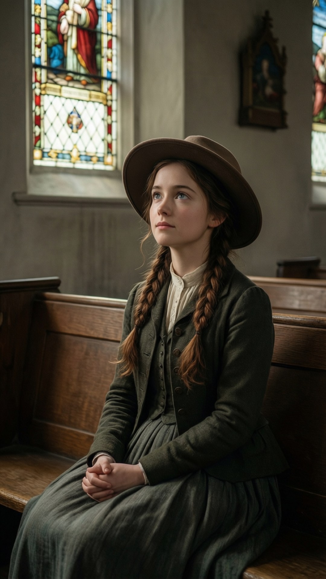 Anne in Church Pew 壁紙 — 一個戴棕色帽子和穿綠色連衣裙的小女孩靜靜地坐在教堂的木製長椅上，教堂的彩色玻璃窗投射出彩色光線。
