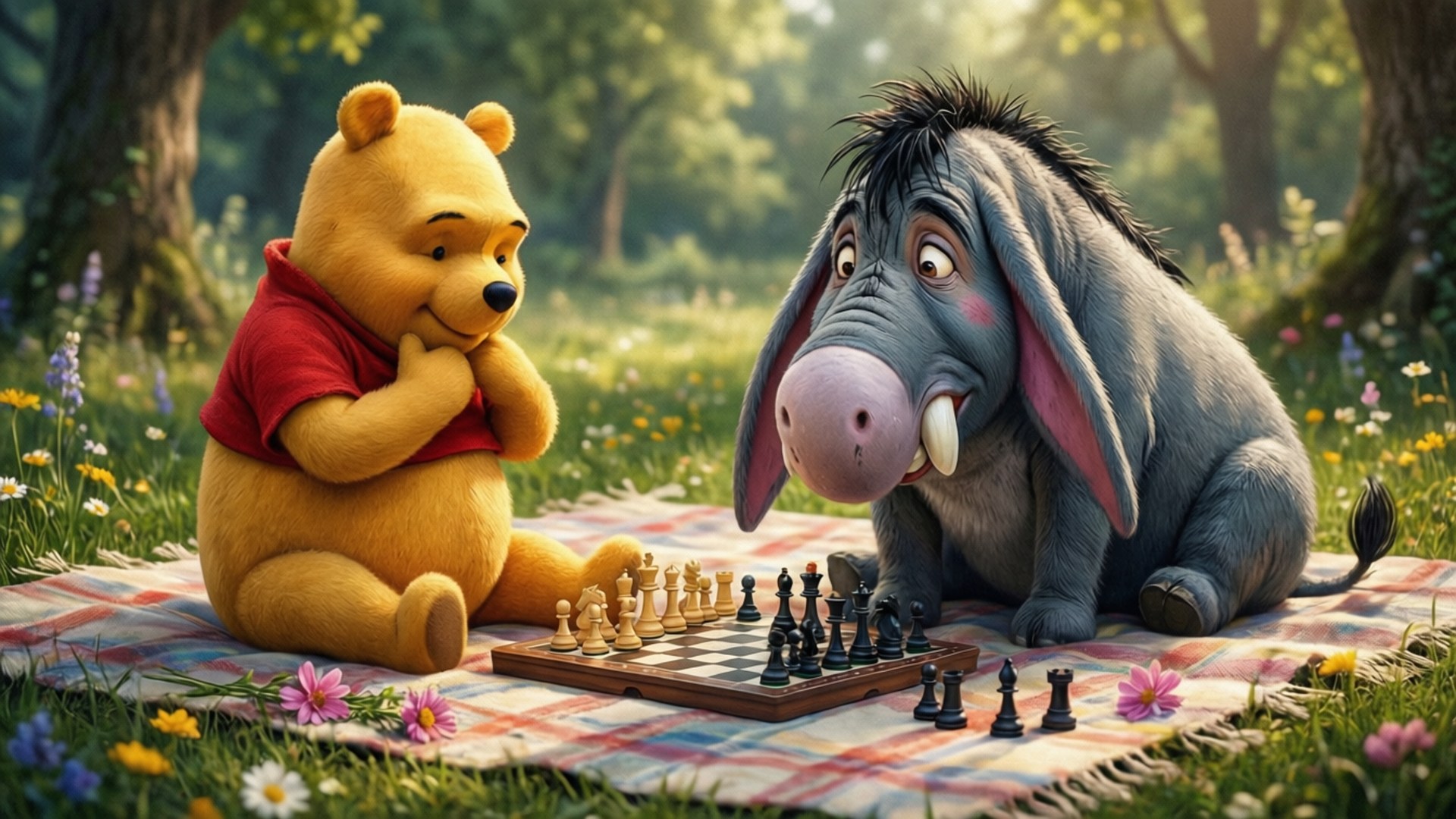 Chess Game in the Wood 壁紙 — 小熊維尼和屹耳在陽光明媚、開滿野花的草地上，在一張格子毯上下棋。