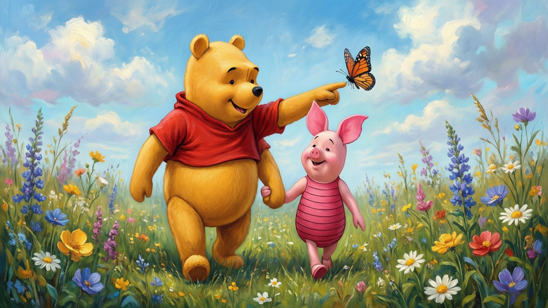 Best Friends Adventure 壁紙 — 小熊維尼與小豬手牽手走過充滿野花的草地，藍天白雲下，一隻帝王斑蝶在維尼的手指附近翩翩起舞。