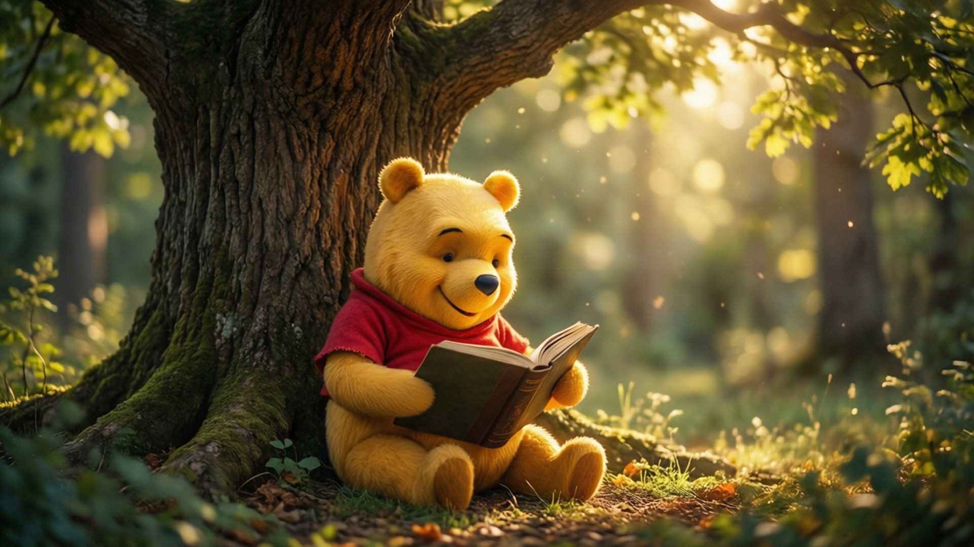 Pooh's Reading Nook 壁紙 — 小熊維尼滿足地坐在長滿苔蘚的樹下看書，金色的陽光穿過森林樹冠灑落下來。