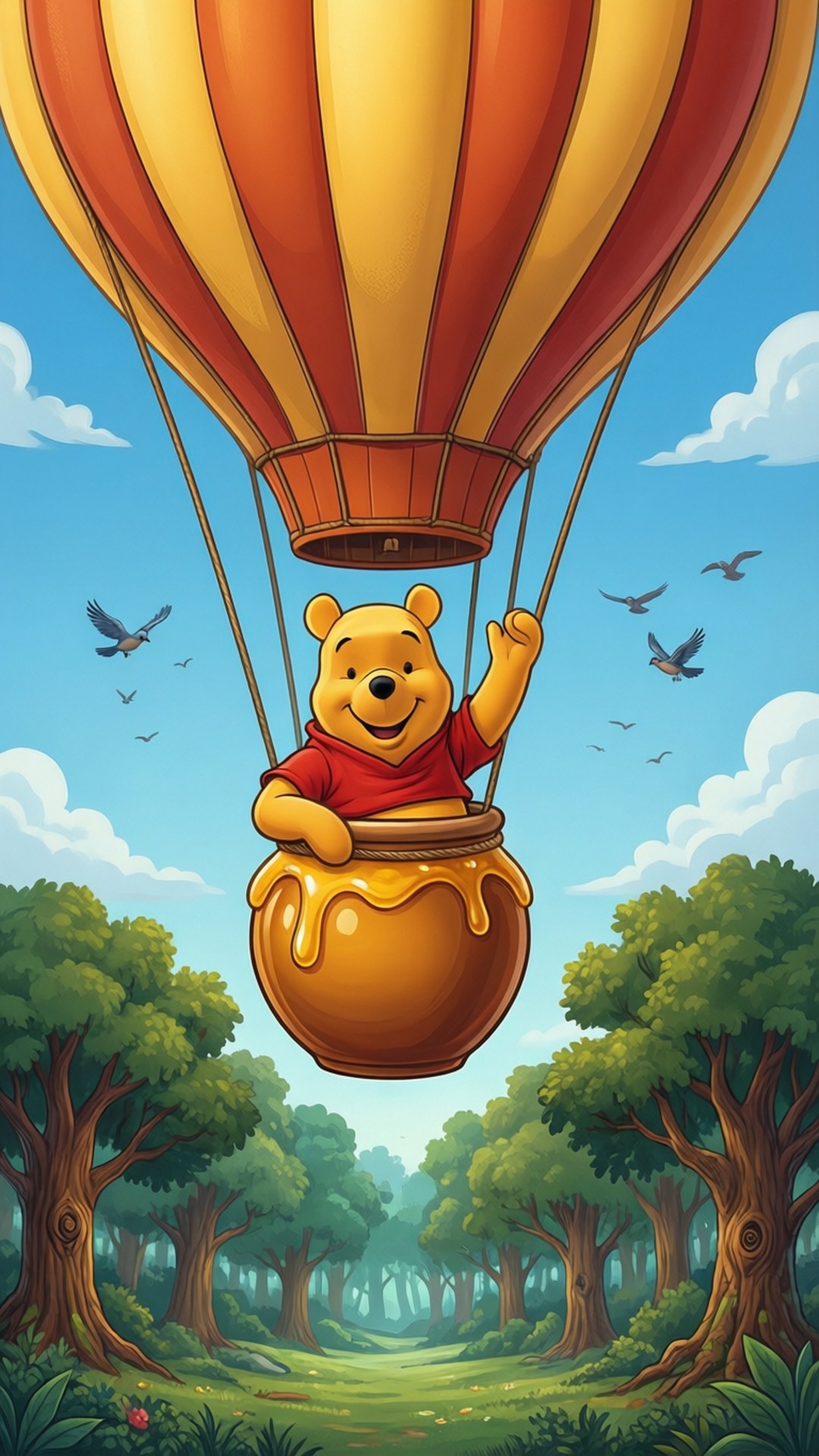 Balloon Adventure 壁紙 — 小熊維尼在一個裝滿蜂蜜的籃子裡快樂地微笑，他的條紋熱氣球漂浮在茂密的綠色森林上空。