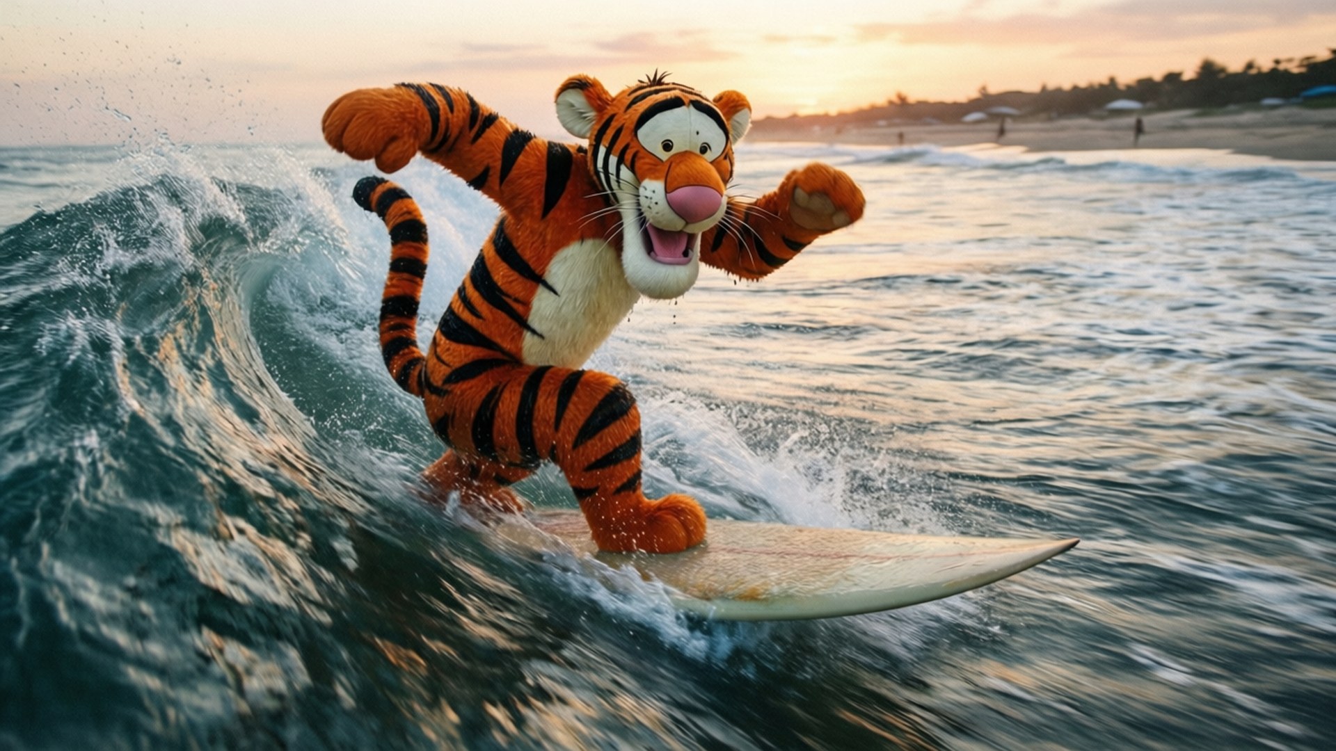 Tigger Surfing 壁紙 — 小熊維尼中的跳跳虎在日落時衝浪，衝破海浪，表情歡樂。