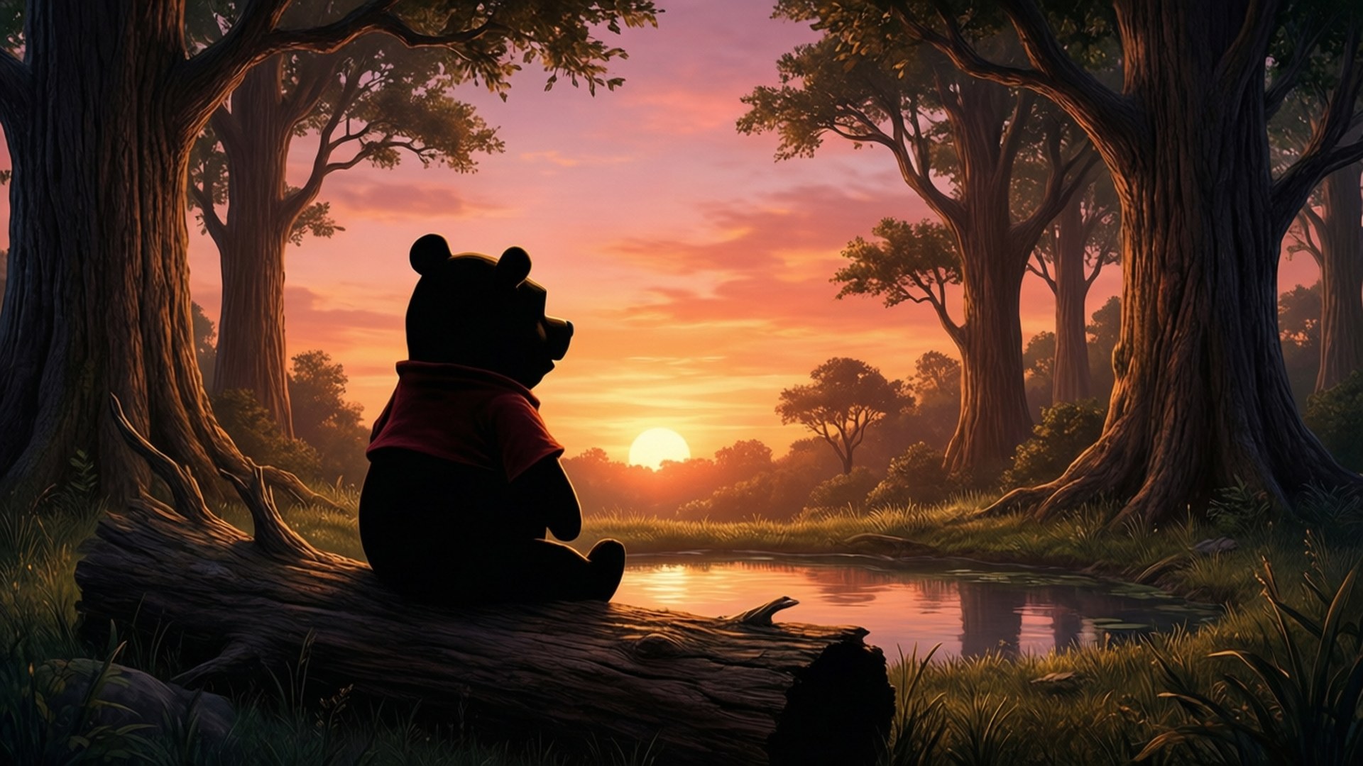 Pooh's Sunset Moment 壁紙 — 小熊維尼坐在池塘邊的木頭上，以剪影形式觀賞透過高聳樹木的鮮豔橙粉紅色日落。