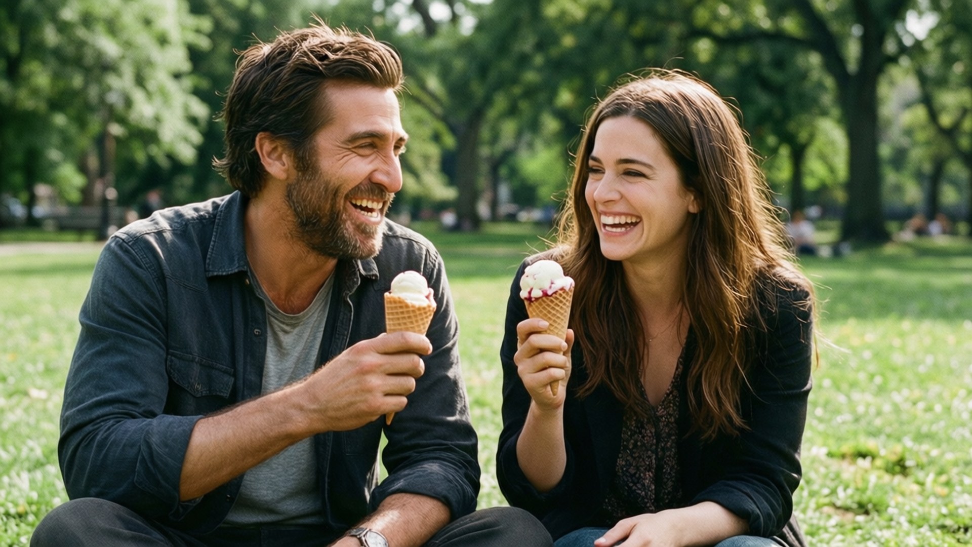 Romantic Park Laugh 壁紙 — 一個笑著的男人和女人坐在陽光普照的公園草地上分享冰淇淋甜筒。