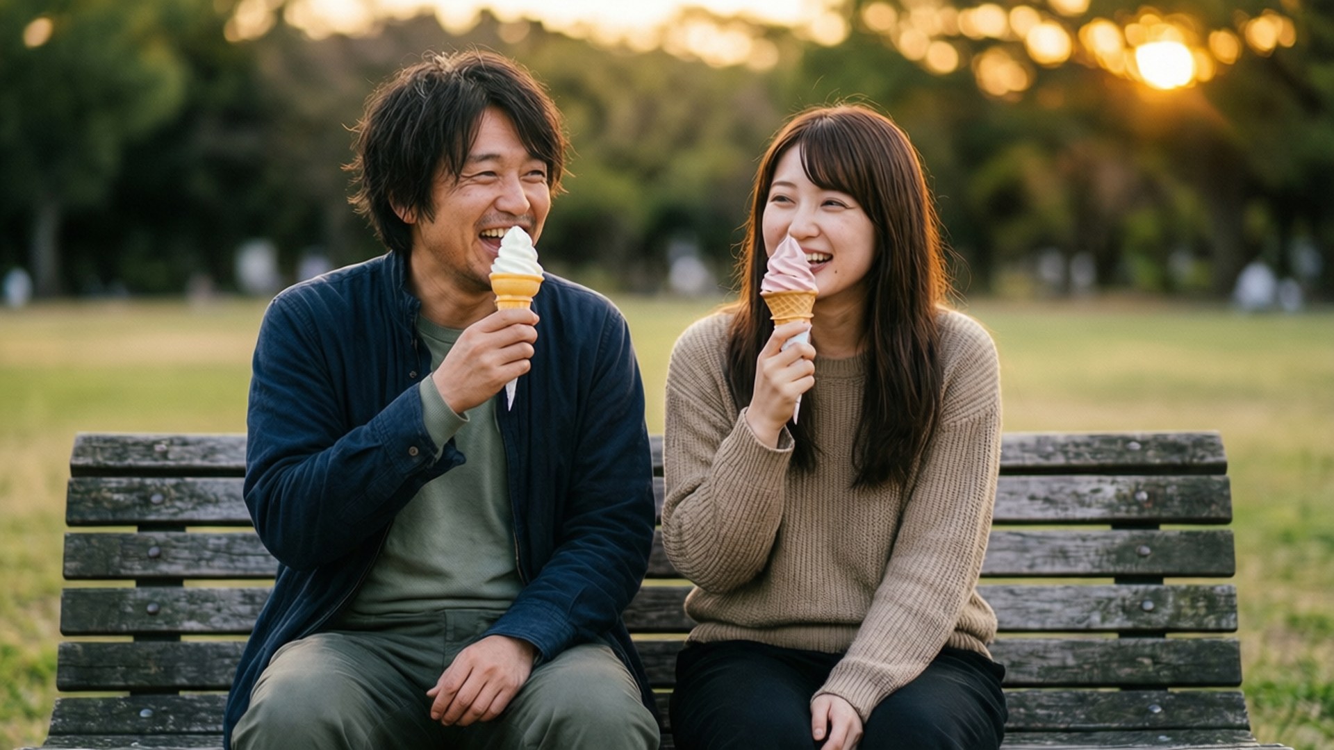 Ice Cream Date 壁紙 — 一對笑著的情侶在木長椅上享用軟冰淇淋，金色夕陽穿過他們身後的樹木灑下光線。