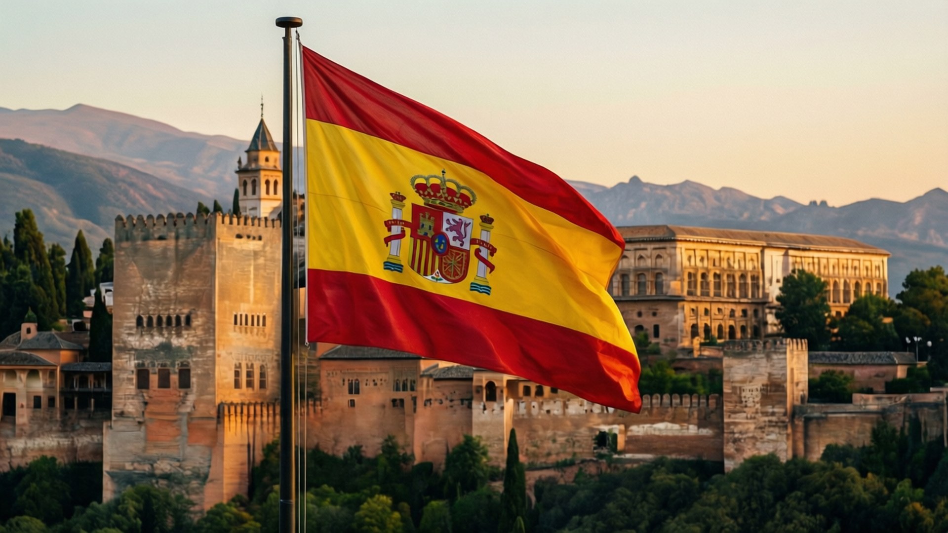 Alhambra Flag Evening 壁紙 — 一面充滿活力的西班牙國旗在歷史悠久的阿爾罕布拉宮堡壘前自豪地飄揚，背景是金色時光的山脈。