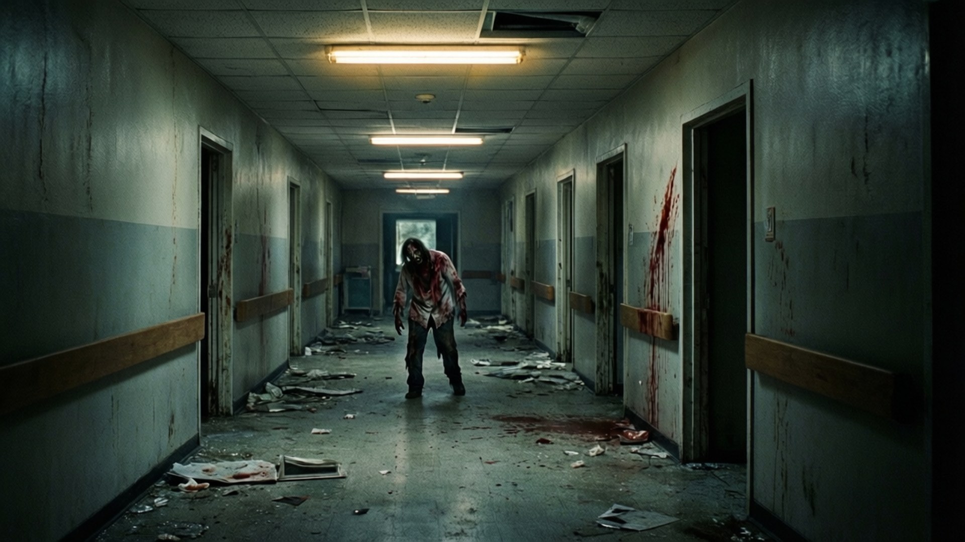 Hospital Corridor Zombie 壁紙 — 一個血淋淋的殭屍在燈光昏暗、燈管破損、瓦礫散落的廢棄醫院走廊蹣跚而行。