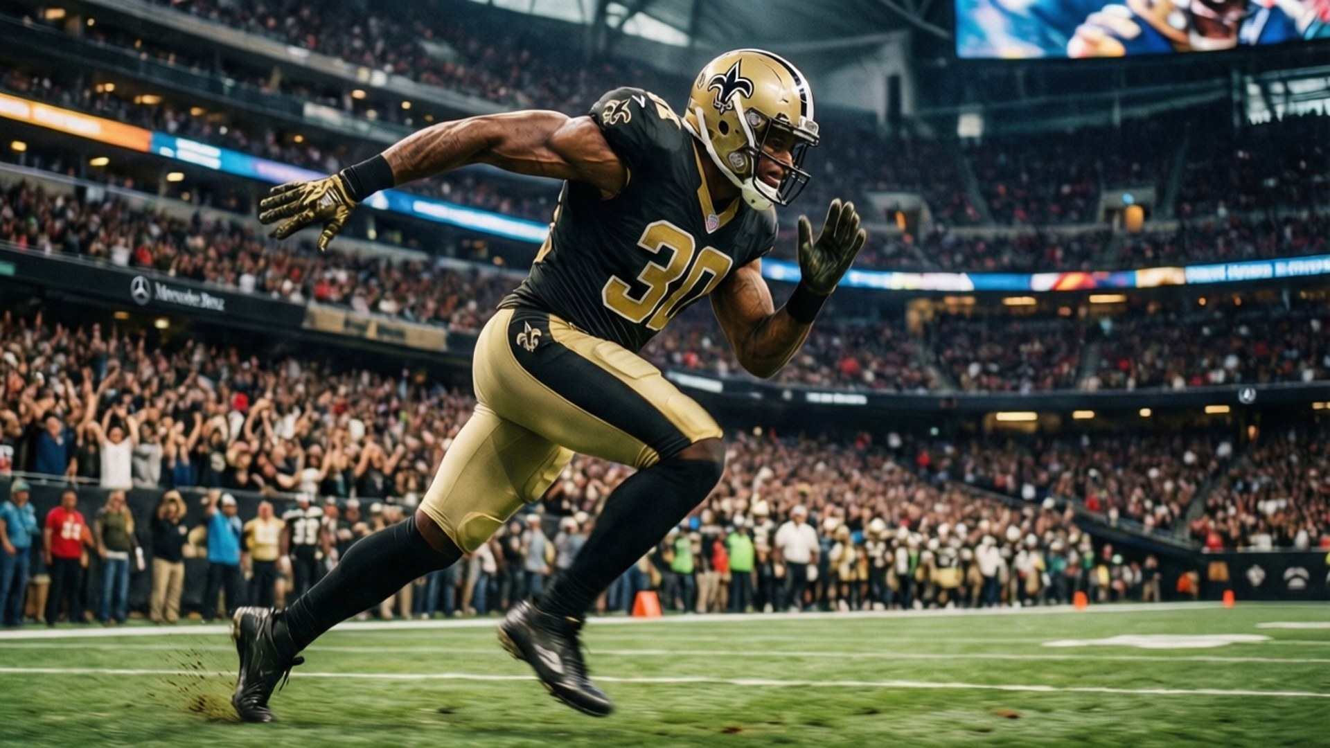 Saints Action on the Field 壁紙 — 一名身穿黑金色制服的新奧爾良聖徒隊美式足球員在球場上衝刺，背景是體育館內歡呼的群眾。