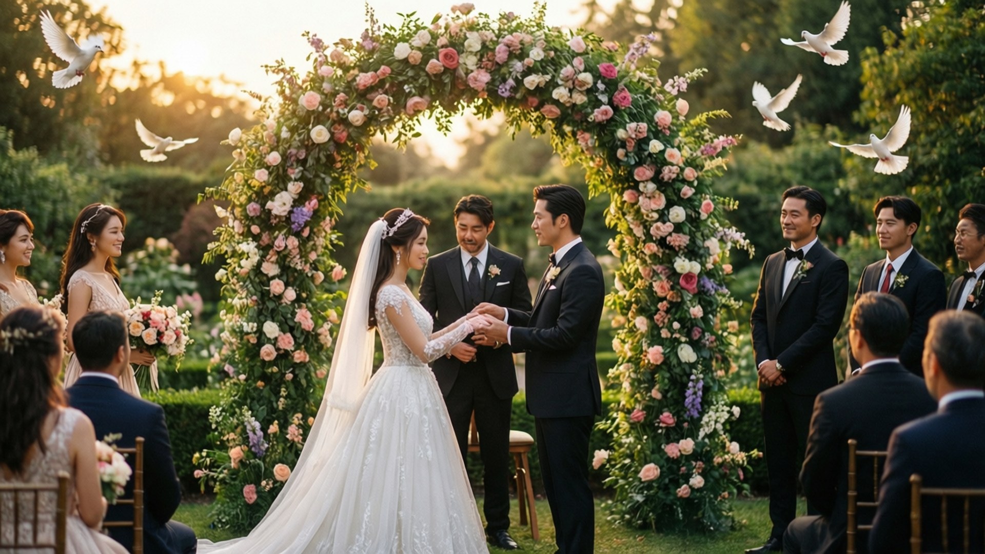 Garden Wedding 壁紙 — 新娘和新郎在茂盛的花拱門下交換誓言，白鴿在日落時分在他們周圍翱翔。