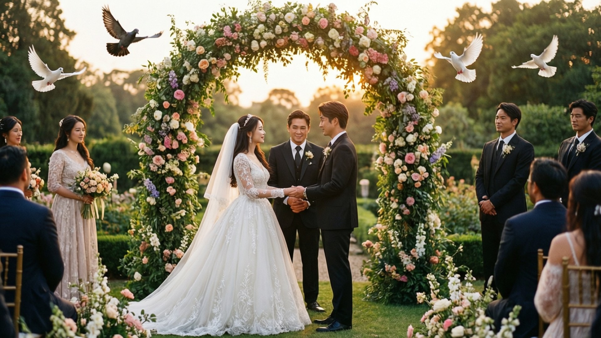 Garden Wedding 壁紙 — 新娘和新郎在茂盛的花拱門下牽手，白鴿在他們周圍飛翔，舉行戶外婚禮。